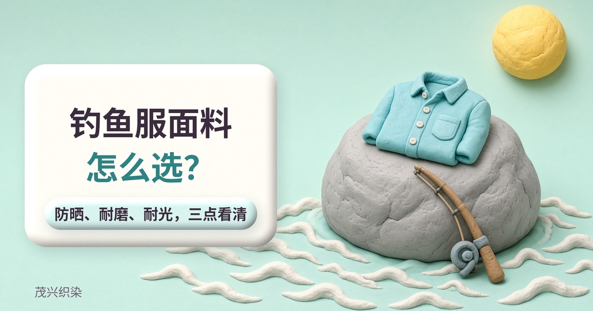 黏土风插画：礁石上叠放着一件浅蓝长袖钓鱼衫，旁边靠着钓竿，配文「钓鱼服面料怎么选？防晒、耐磨、耐光，三点看清」