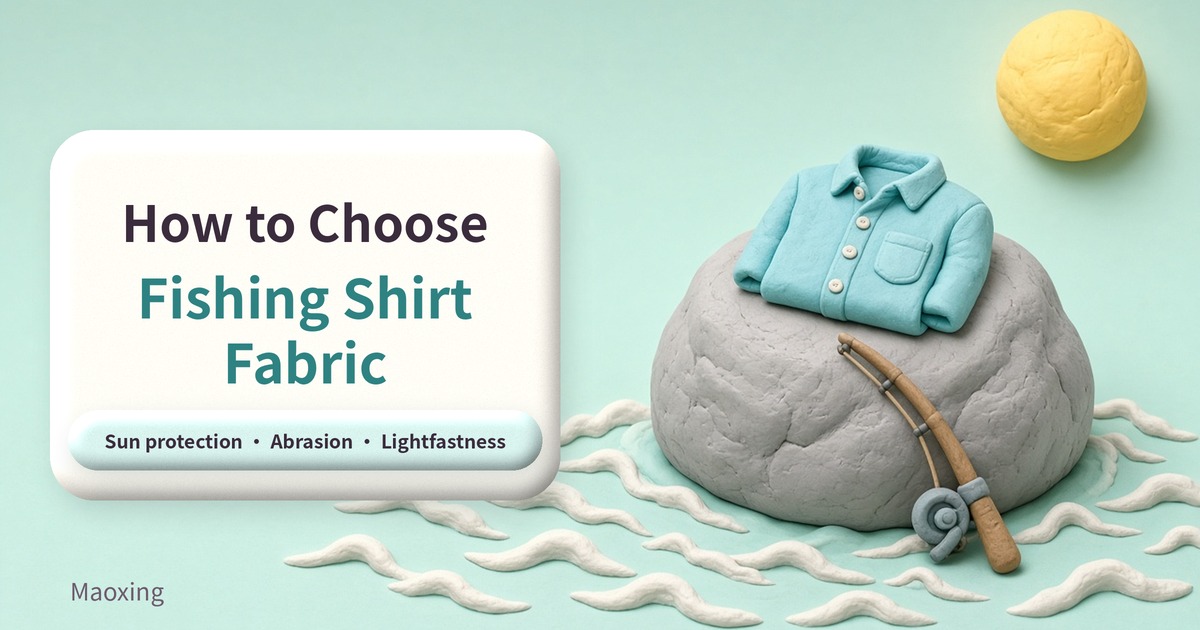 Clay-style illustration of a folded light-blue long-sleeve fishing shirt on a rock with a fishing rod, titled How to Choose Fishing Shirt Fabric: sun protection, abrasion, lightfastness