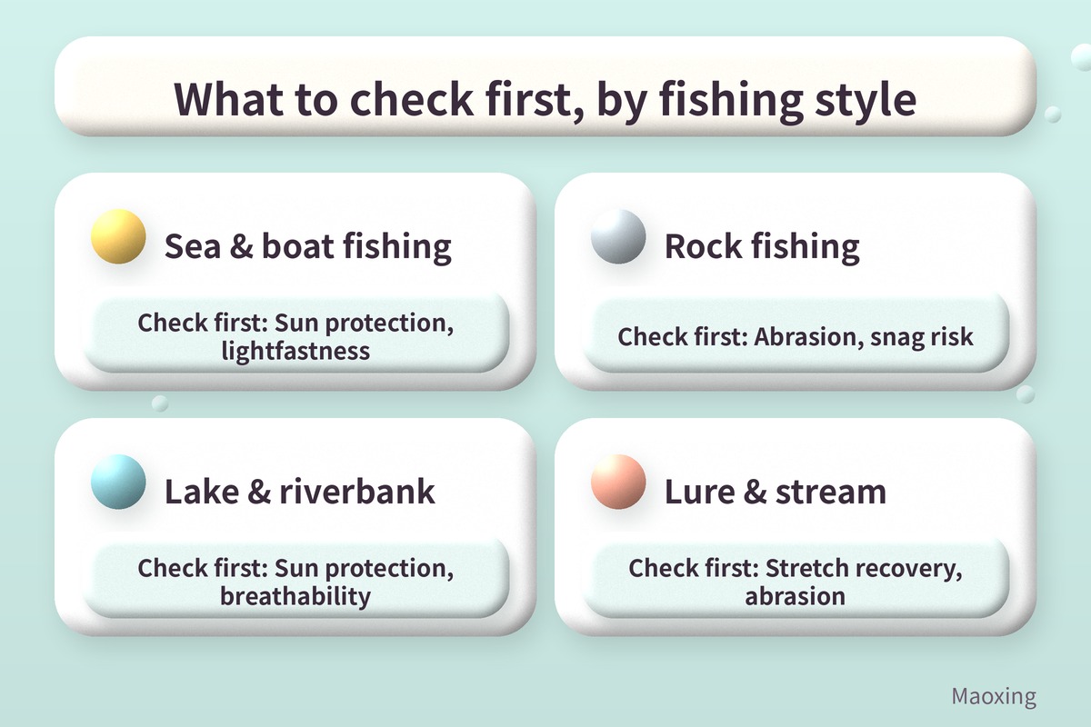 What to check first by fishing style: sea and boat fishing, sun protection and lightfastness; rock fishing, abrasion and snag risk; lake and riverbank, sun protection and breathability; lure and stream, stretch recovery and abrasion