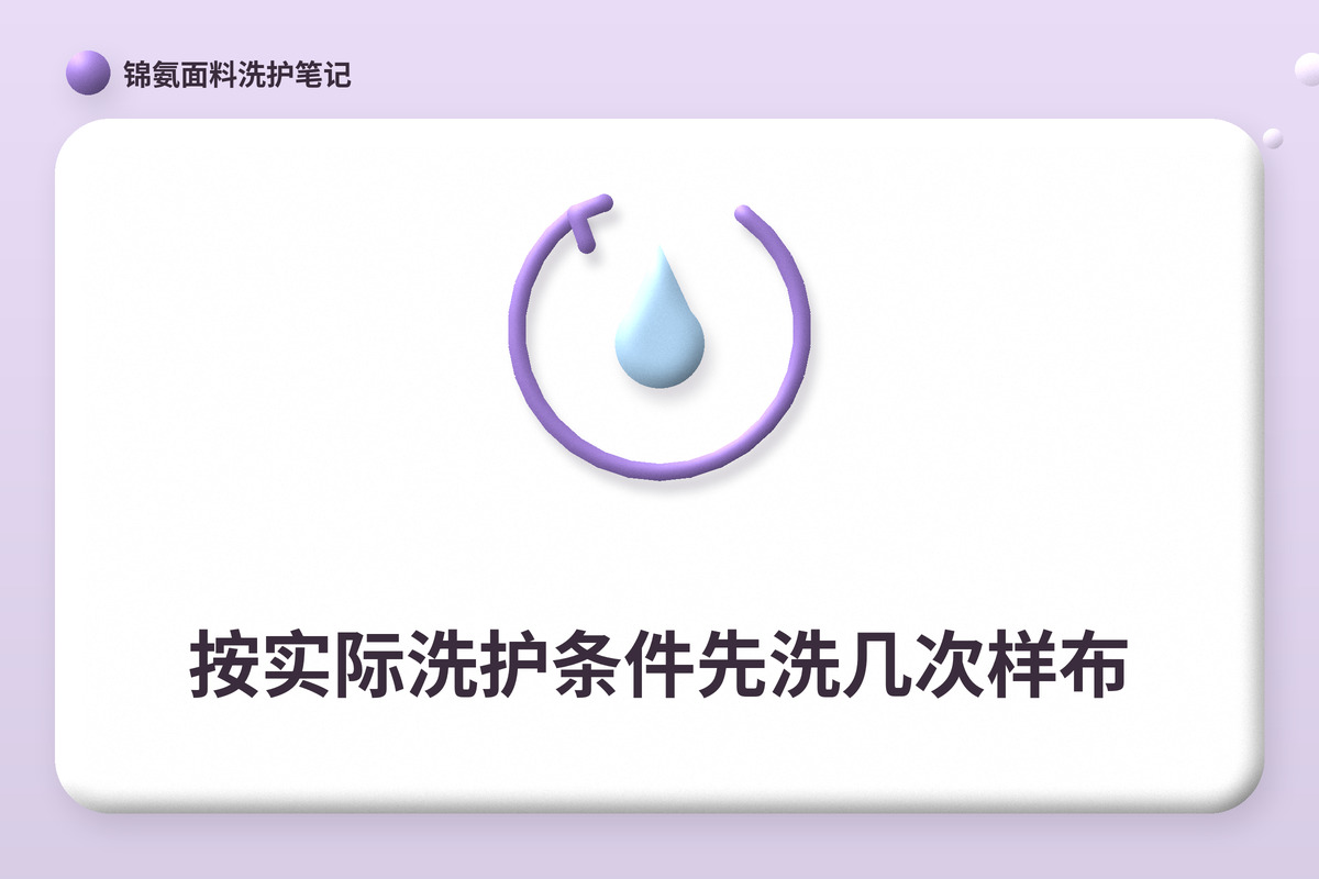 文字卡：按实际洗护条件先洗几次样布，配黏土水滴和循环箭头图标