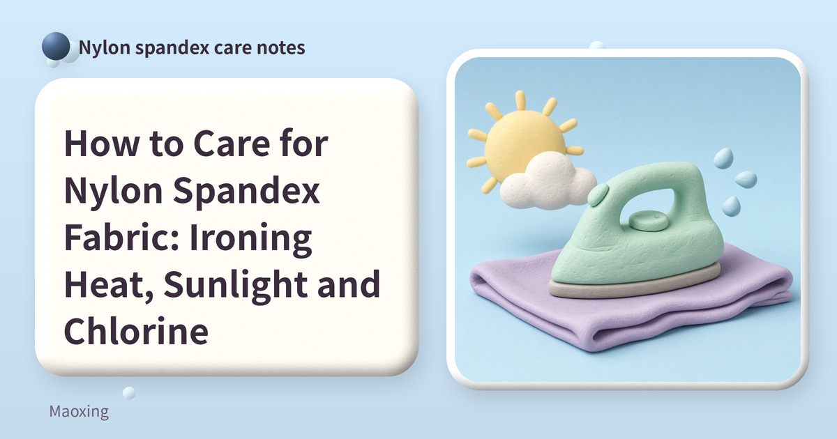 Clay-style illustration of a mint clay iron on a lavender clay cloth, with a sun half behind a cloud and a few water drops, next to the title “How to Care for Nylon Spandex Fabric: Ironing Heat, Sunli