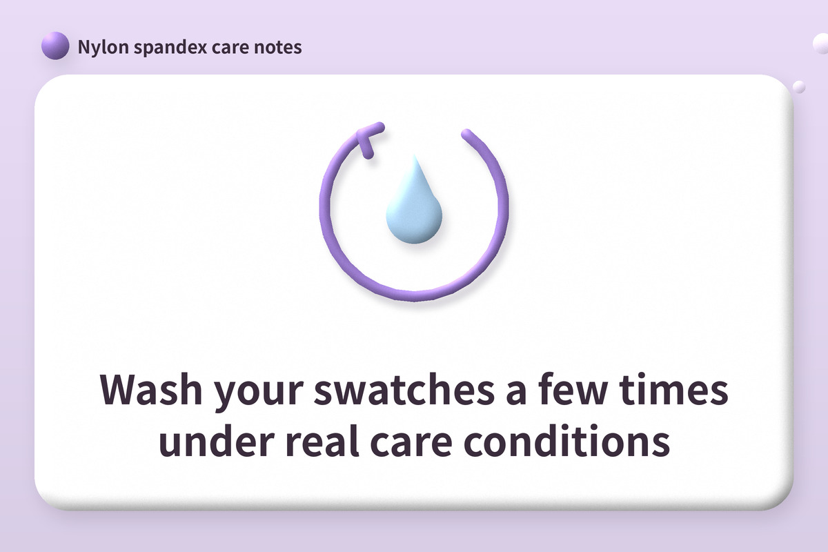 Text card: wash your swatches a few times under real care conditions, with clay water drop and loop arrow icons