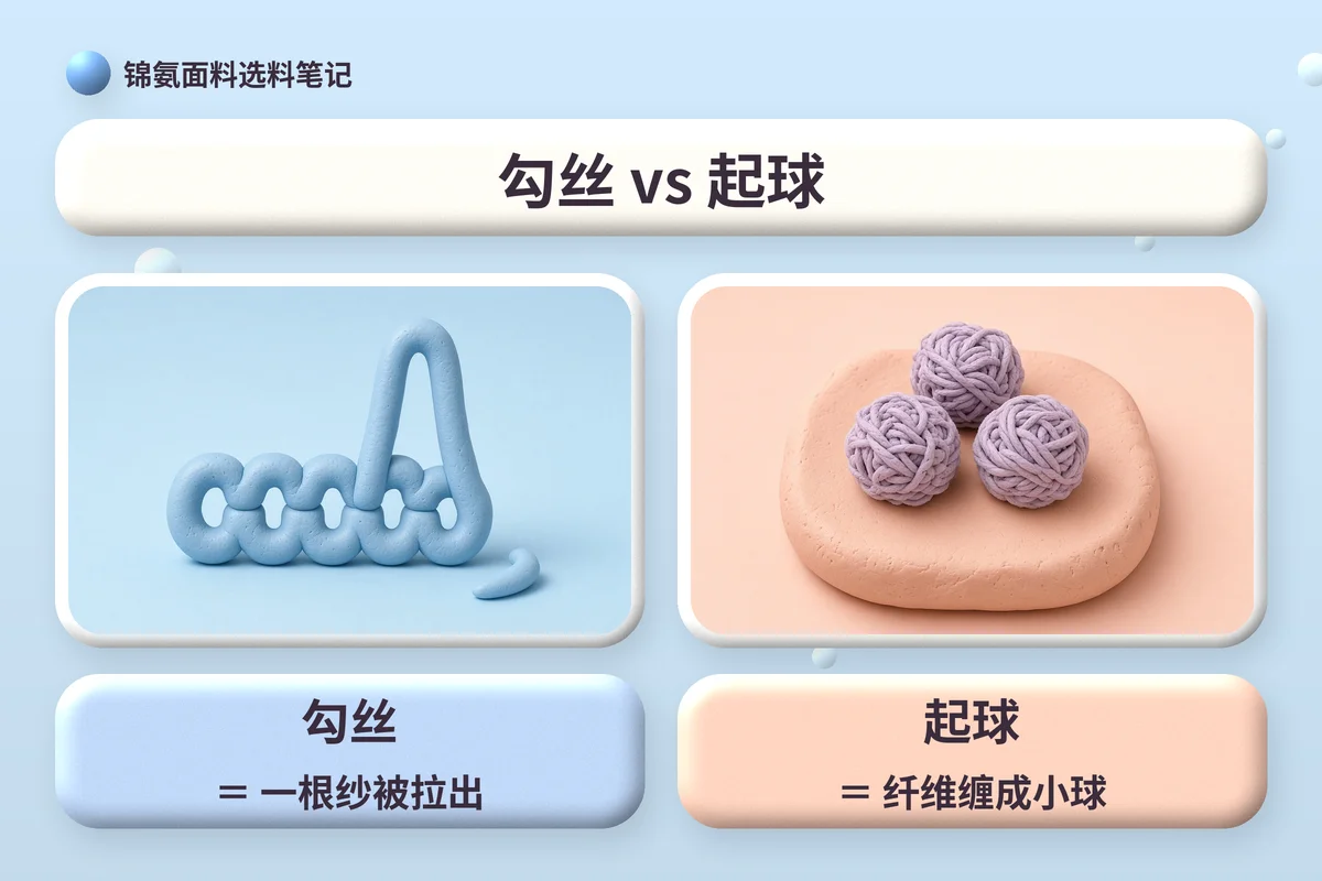 对照卡:左边一排黏土线圈中有一个被拉高,代表勾丝,即一根纱被拉出;右边三颗缠绕的黏土小球,代表起球,即纤维缠成小球