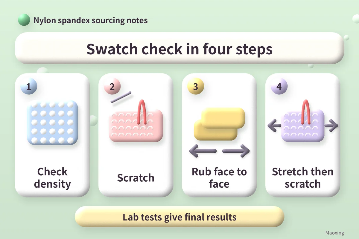 Four-step swatch check card: check density, scratch, rub face to face, stretch then scratch, with a note that lab tests give final results