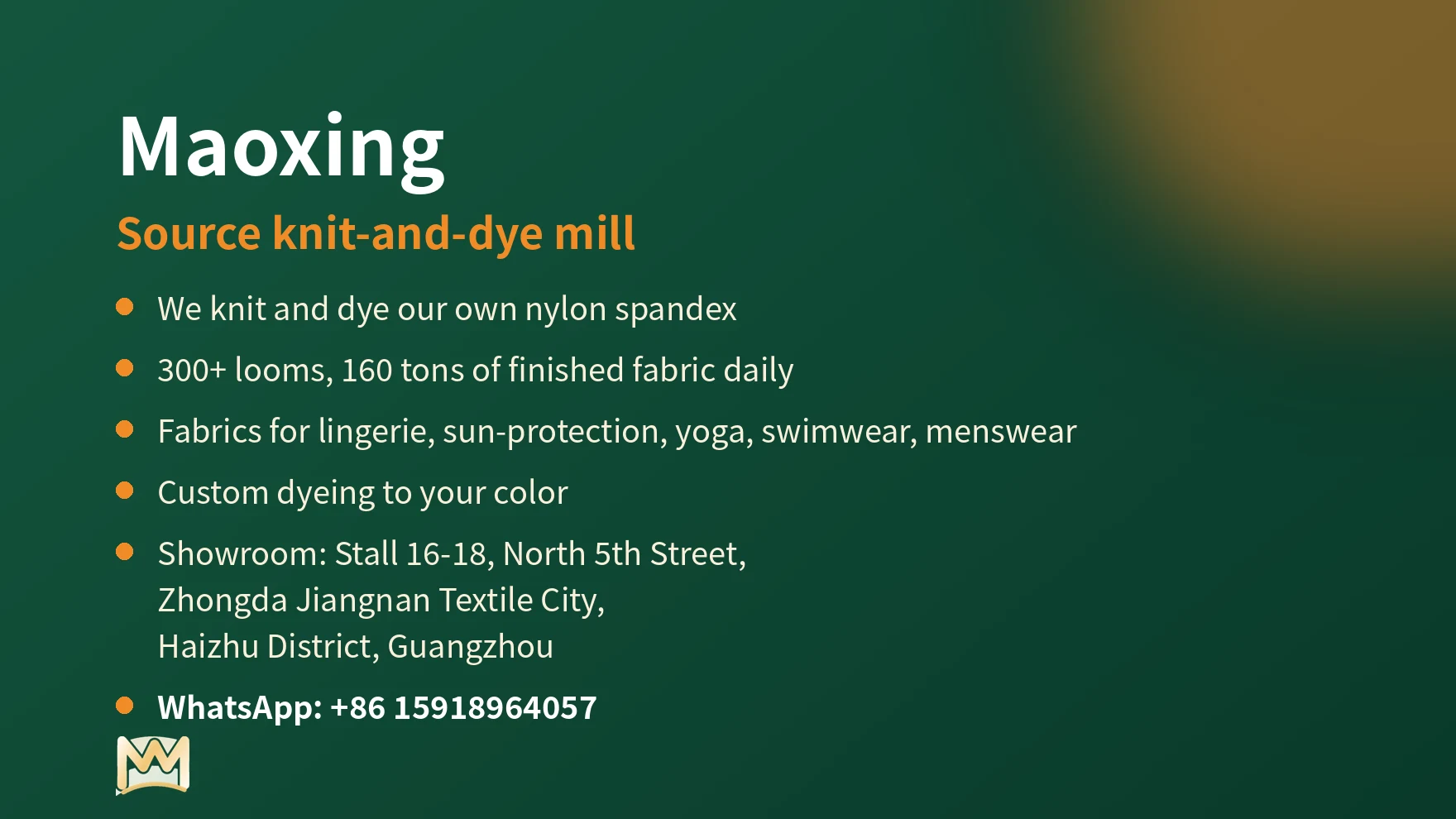 Text card summarizing Maoxing as a source knit-and-dye mill with custom dyeing