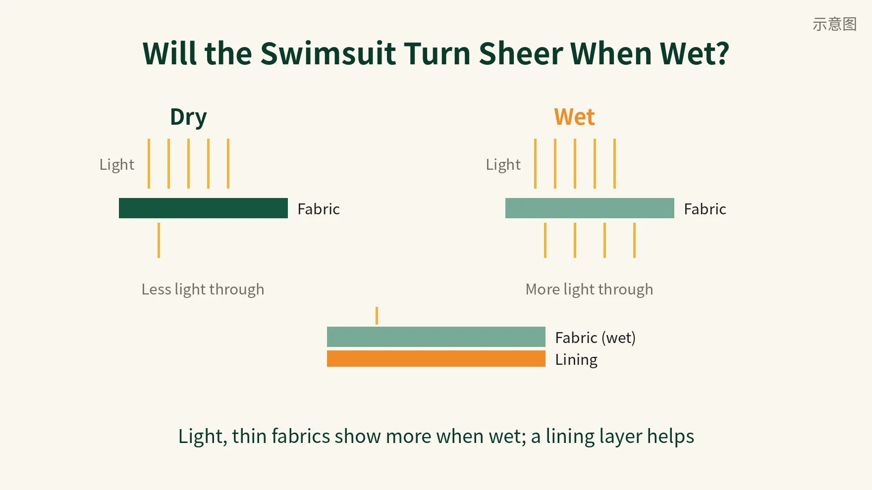 Diagram comparing swimwear fabric opacity dry versus wet, with lining layer