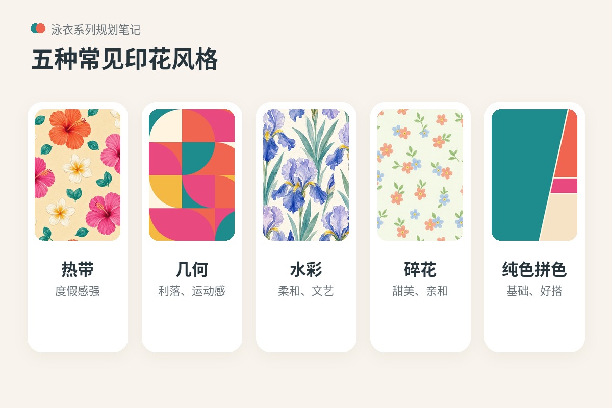 五种常见泳衣印花风格色样:热带、几何、水彩、碎花、纯色拼色