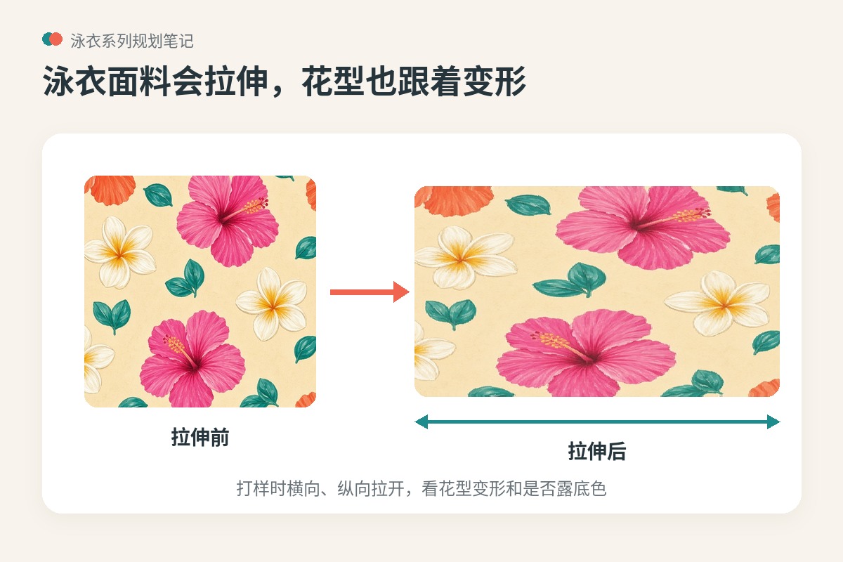 扁平插画:同一块原创热带印花拉伸前后对比,拉伸后花型变宽变形