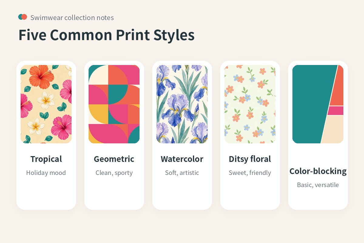 Swatches of five common swimwear print styles: tropical, geometric, watercolor, ditsy floral and color-blocking