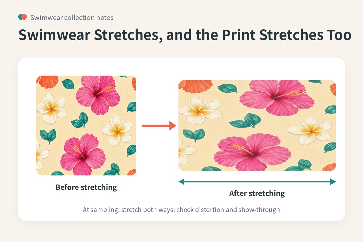 Flat illustration comparing the same original tropical print before and after stretching, showing the motifs widen and distort