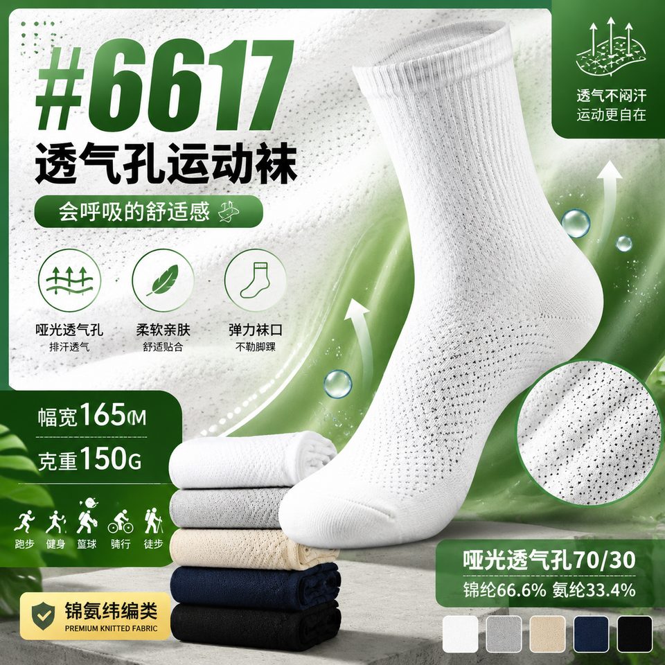 6617 matte breathable hole sports sock and functional panel fabric reference